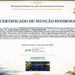 Certificado de menção honrosa concedido ao trabalho sobre embalagens bioativas e biodegradáveis desenvolvidas com polpa de bocaiuva.