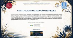 Certificado de menção honrosa concedido ao trabalho sobre embalagens bioativas e biodegradáveis desenvolvidas com polpa de bocaiuva.